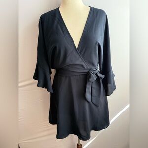 TUSSAH Blue Mini Dress with Tie Waist and Flutter Sleeves